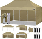 Eurmax USA 10'x20' Pop-up Canopy Tent Commercial Instant Canopies with 4 Removable Zipper End Side Walls and Roller Bag, Bonus 6 SandBags(Khaki)