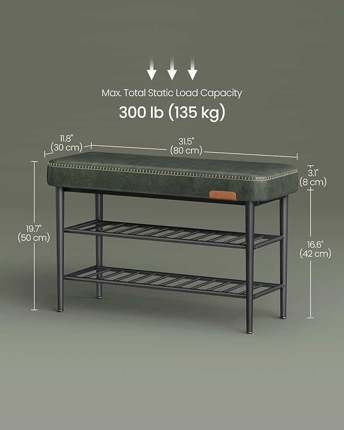 VASAGLE EKHO Collection - Shoe Rack Bench, Storage Bench for Entryway, Synthetic Leather with Stitching, Mid-Century Modern, Loads 300 lb, 11.8 x 31.5 x 19.7 Inches, Forest Green ULSB054C01