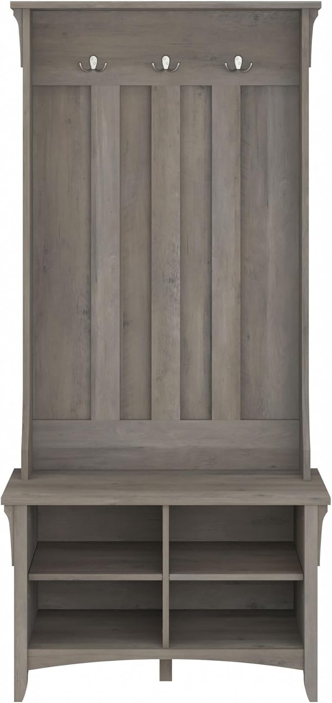 Bush Furniture Salinas Hall Tree with Shoe Storage Bench in Driftwood Gray, Multi-Purpose Home Organizer, Entryway Solution with Seating and Hooks