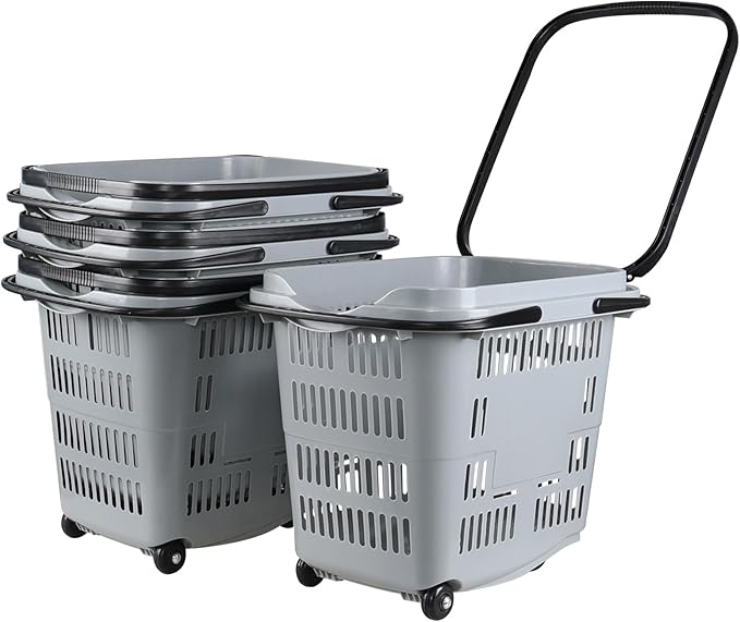 4 PCS 50 L/ 13 Gal Shopping Carts, Gray Plastic Rolling Shopping Baskets with Handles and Wheels, Portable Shopping Basket Set for Retail Store, 50 L