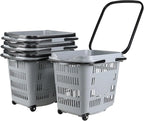 4 PCS 50 L/ 13 Gal Shopping Carts, Gray Plastic Rolling Shopping Baskets with Handles and Wheels, Portable Shopping Basket Set for Retail Store, 50 L