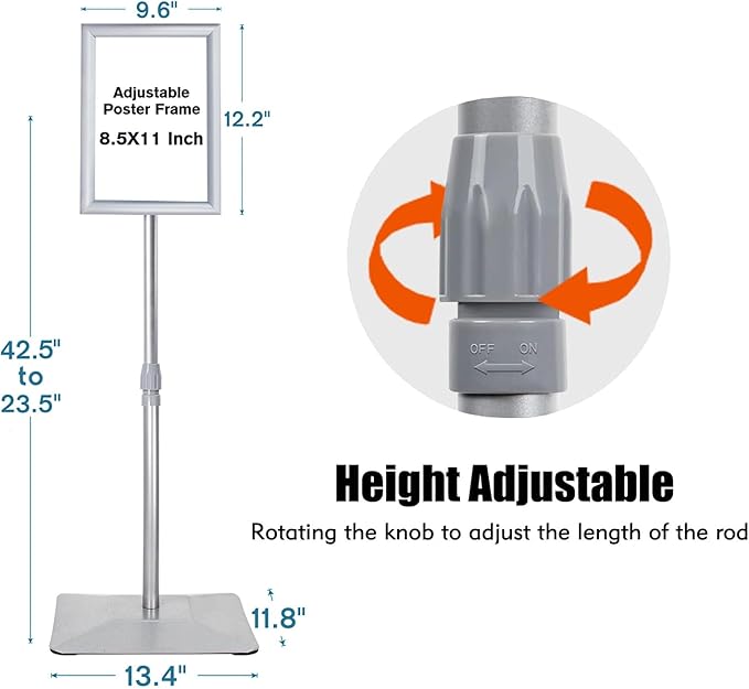 Adjustable Sign Stand for Display, with Upgraded Iron Base, Pedestal Floor Signage Stand Holder for Outdoor or Indoor Advertising (8.5 x 11, Silver)