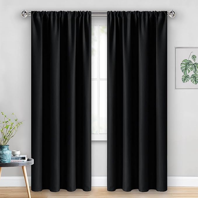JIUZHEN Blackout Curtains for Bedroom - Thermal Insulated Room Darkening Rod Pocket Curtains for Living Room, Set of 2 Panels with Tiebacks, 42 x 96 Inch Length, Black