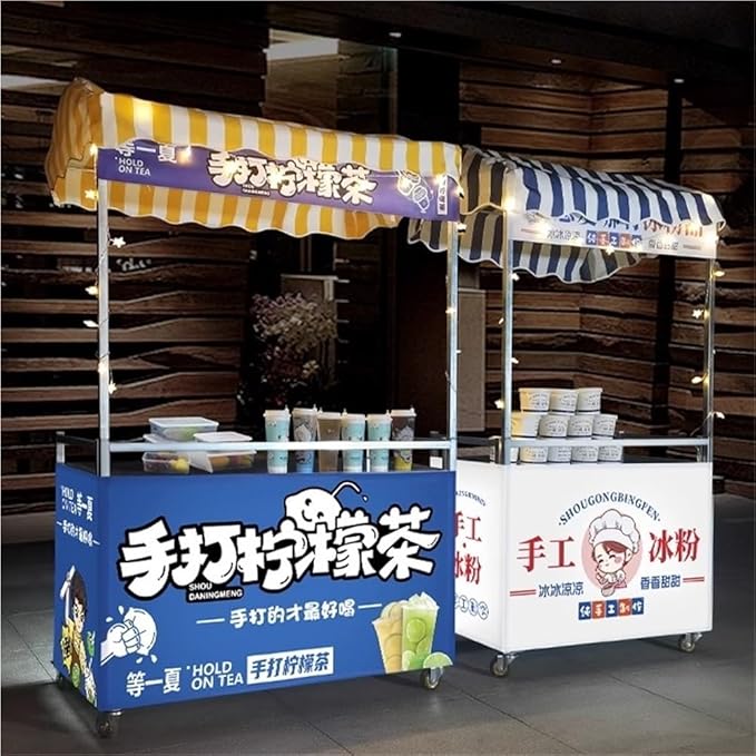 Outdoor Food Cart with Canopy, Portable Street Vendor Stand, Foldable Commercial Vending Trolley Kiosk for Market, Street Food and Events(Yellow,47.2x23.6in)