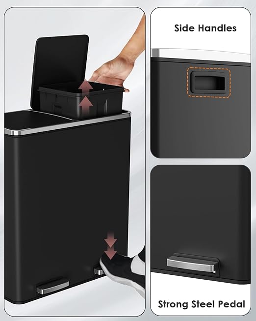 Arlopu Dual Trash Can, 2 x 8 Gallon (2 x 30 L) Hands-Free Trash and Recycle Bin Combo, Stainless Steel Kitchen Garbage Can with Soft-Close Lid, Removable Inner Buckets, Step Pedal, Airtight (Black)