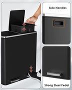 Arlopu Dual Trash Can, 2 x 8 Gallon (2 x 30 L) Hands-Free Trash and Recycle Bin Combo, Stainless Steel Kitchen Garbage Can with Soft-Close Lid, Removable Inner Buckets, Step Pedal, Airtight (Black)