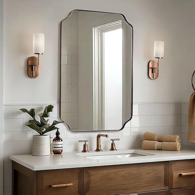 ANDY STAR Brushed Bronze Scalloped Mirror, 26"x38" Bathroom Vanity Mirror, Antique Scalloped Mirror in Premium Stainless Steel Frame, Timeless Shape with Unique Flair, Hangs Vertically/Horizontally