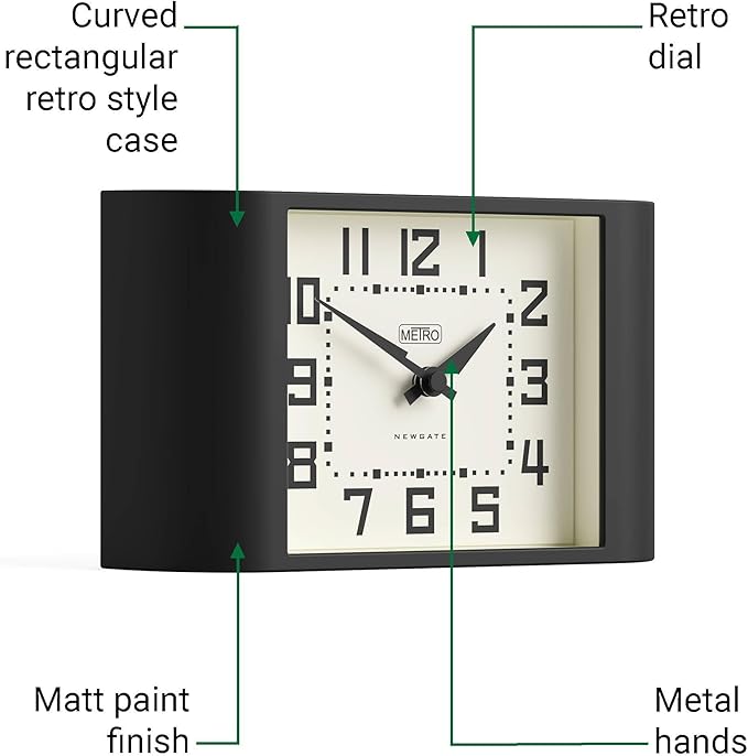 NEWGATE® Mini Metro Desk Clock | Retro Mantel Clock | Black | Mid Century Style for Desk, Table top, Shelf or Bedside