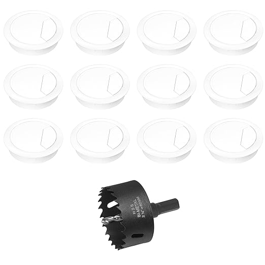 2-3/8" Spring Desk Grommet, JTemgle Plastic Cable Hole Cover with Hole Saw Computer Table Cord Wire Organizer Caps Desktop Cord Management for Home Office TV Stands Tabletops - White, 13 Pcs