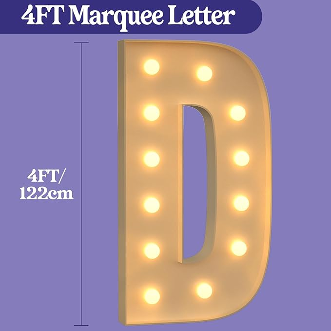 Marquee Letters 4 Feet Tall, 4FT Large Light up Letters D, Big Sign D with Warm White Light for Birthday Wedding Proposal Engagement Graduation Party Backdrop Decorations