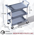 Plastic Utility Carts with Wheels, 3-Tier Medium Size Restaurant Food Cart, Heavy Duty 510lbs Capacity Rolling Service Cart w/Hammer for Commercial, Kitchen, Office (Lockable Wheels, M-Grey)