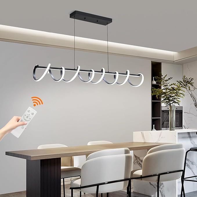 Modern Design Dimmable Desk Linear Pendant Light, with Remote Control Dimmable 3 Color Mode & Brightness Ceiling Lamp, Anti-Flicker Dining Light Fixture for Kitchen（47IN）