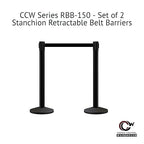 Crowd Control Warehouse CCW Series RBB-150 - Set of 2 Stanchion Retractable Belt Barriers - 16 Foot, Black Belt with Black Steel Post - Easy Assembly