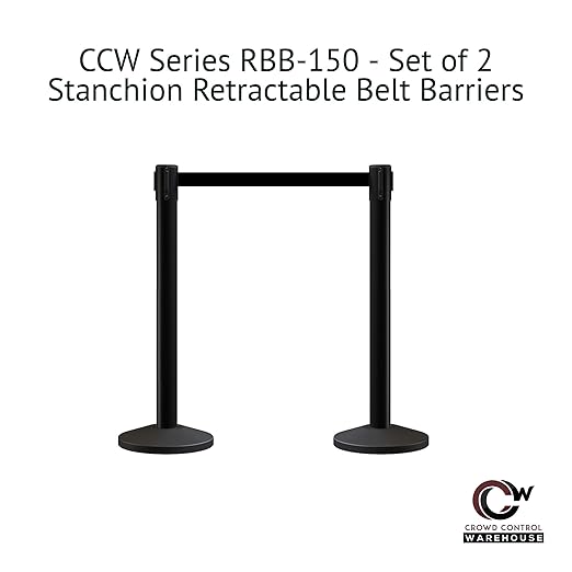 Crowd Control Warehouse CCW Series RBB-150 - Set of 2 Stanchion Retractable Belt Barriers - 16 Foot, Red"Caution - DO NOT Enter" White Letter Belt with Black Steel Post - Easy Assembly