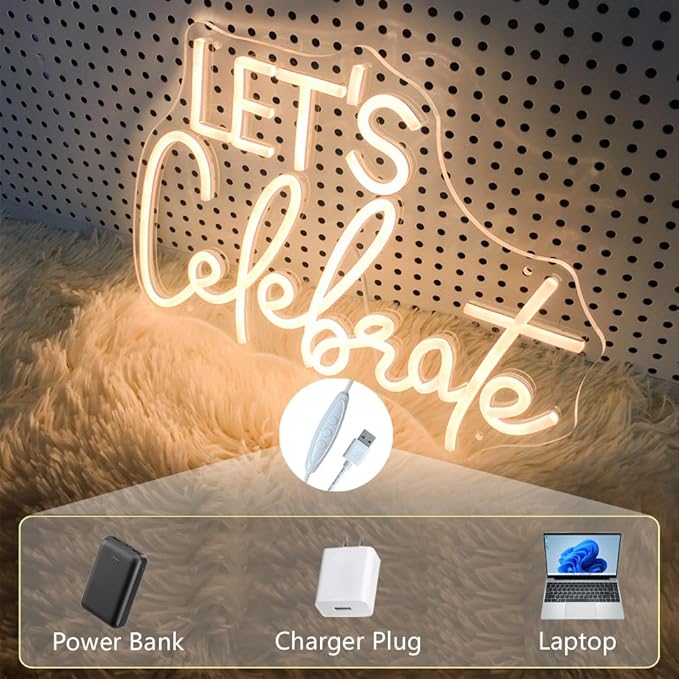 Let's Celebrate Neon Sign Warm White LED Neon Lights for Wall Decor USB-Powered Neon Signs for Living Rooms, Dining Rooms,Thanksgiving and Party Decorations(15"x10.6")