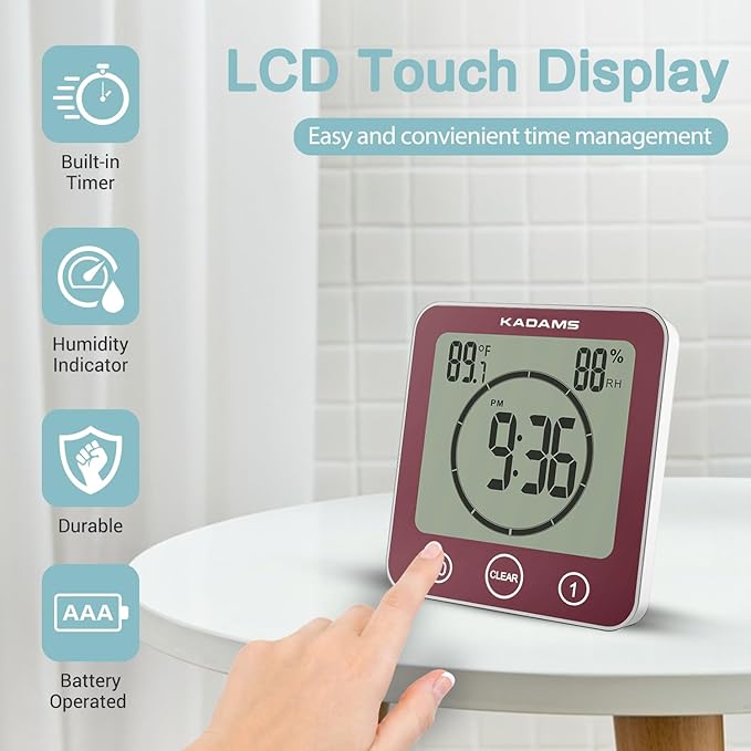 KADAMS Shower Clock Waterproof Bathroom Timer – Digital Wall Clock with Countdown, Magnetic Kitchen Clock with Temperature & Humidity, Suction Cup for Kids Shower Spa Cook Bath (Rose)