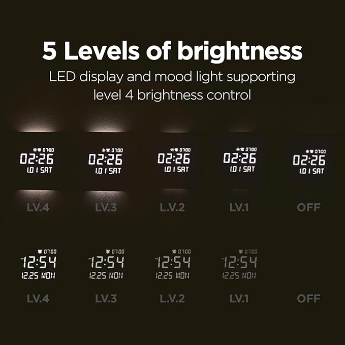 mooas Wooden Frame LED Silent Wall Clock with Remote, Backlit Nightlight, Modern Digital LED Wall Clock Display Sunrise Alarm Melody 5 Brightness for Bedroom Living Room (Wooden Frame Light Brown)