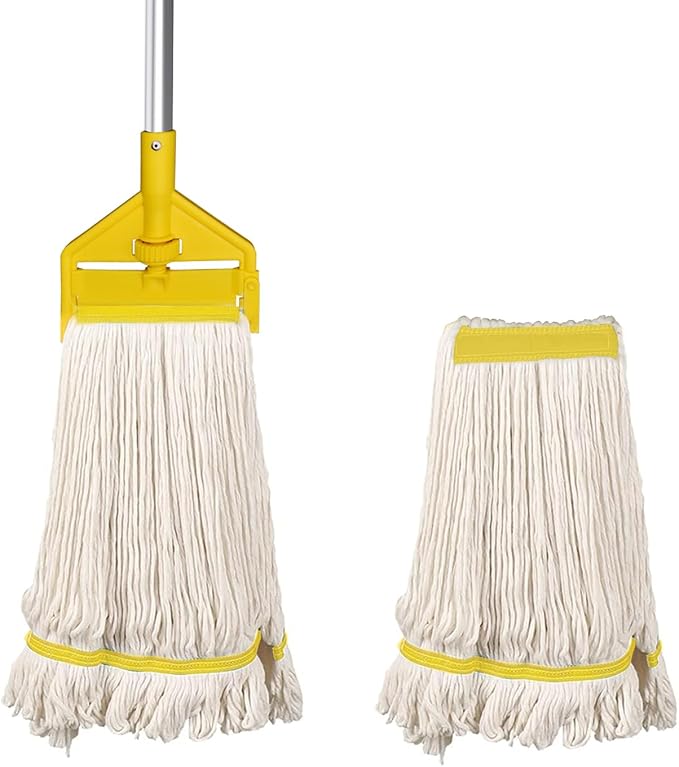 KULED Heavy Duty Industrial Mop, Commercial Cotton Mop with 59 Inch Handle, Looped-End String Wet Mops with 2 Heads for Floor Cleaning, Workshop, Warehouse, Home and Garage
