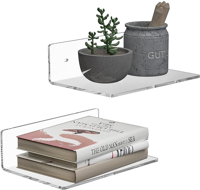 9 Inches Acrylic Wall Shelves 2 Pack, Floating Shelf for Wall Mounting, Acrylic Display Ledges for Funko Pop Figures, Home Décor, Living Room, Gaming Room, Plants(9 inch, Clear)