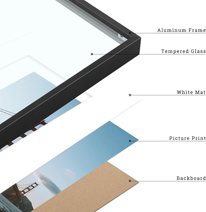 Frametory, 11x17 Metal Picture Frame with Mat for 8x12 Picture & Real Glass, Aluminum Photo Frame Collection (Black, 1 Pack)