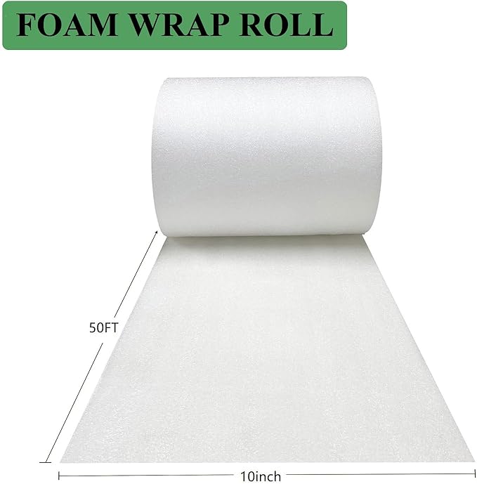 Foam Wrap Roll 10 Inch Wide x 50 FT Length Packing Foam Roll for Moving Supplies and Protection for Fragile, Cushioning Foam Packing Sheets for Wrapping Dish Packing Material