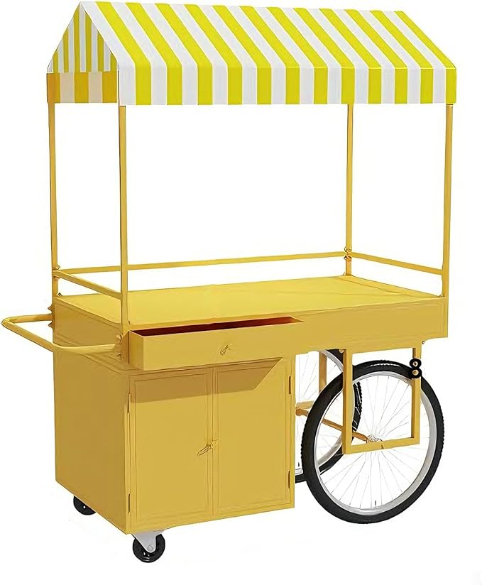 Food Cart for Business with Striped Canopy, Mobile Display Stand with Storage Drawers, for Street Food, Farmers Markets, Outdoor Events (Yellow, 39.37 * 27.56 * 78.74in)