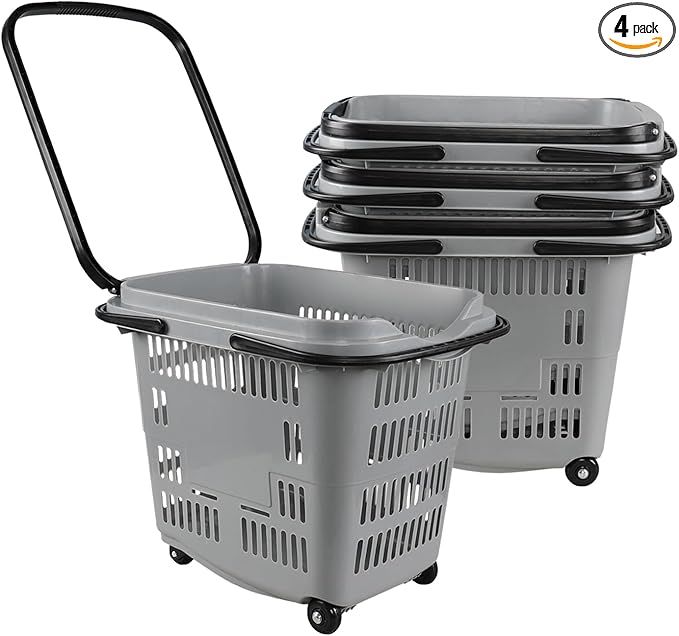 50 L Plastic Shopping Basket with Wheels, 4 Pcs Plastic Rolling Shopping Basket with Handle, Gray