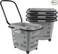 50 L Plastic Shopping Basket with Wheels, 4 Pcs Plastic Rolling Shopping Basket with Handle, Gray