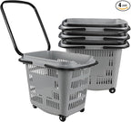 50 L Plastic Shopping Basket with Wheels, 4 Pcs Plastic Rolling Shopping Basket with Handle, Gray