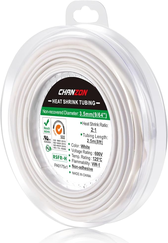 Chanzon 2:1 Ratio 9/64" (3.5mm) Heat Shrink Tubing 8Ft Roll (2.5M Total Length) White Polyolefin Sleeving Wrap Shrinking 2 to 1 1pcs