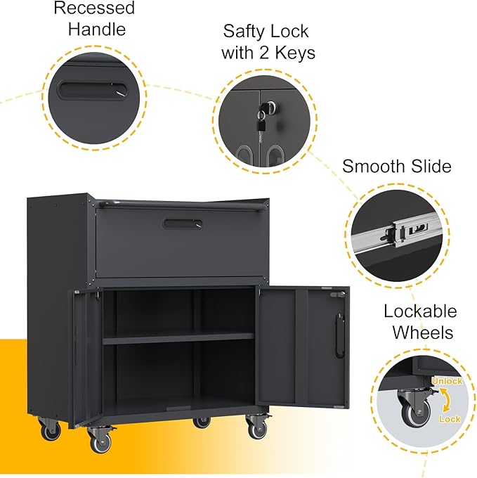 Metal Storage Cabinet with Wheels, Rolling Tool Chest with Adjustable Shelf & Handle, Lockable Garage Cabinet with 1 Drawer and 2 Doors, Mobile Steel Locker for Home, Office, Workshop, Black