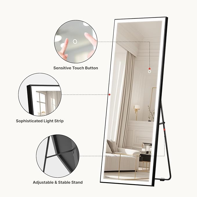 Kosmonia 65x24 Full Length Mirror, Dimmable 3 Color LED Light w/Light Memory, Distortion Free Silver Coating Mirror, HD Reflection &Anti Desilvering,Tempered Glass &Shatter Proof Film Doubles Safety