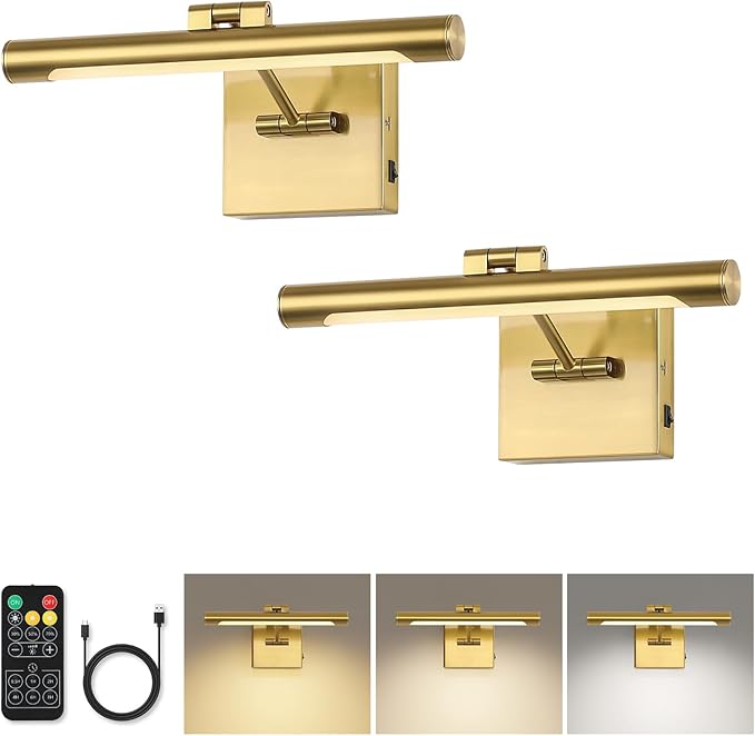 Joosenhouse Battery Operated Picture Light Set of 2, 12.6 Inch Brass Rechargeable Wall Art Light with Remote Timer and Dimmer Display Light for Bedroom, Living Room, Artwork Display