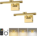 Joosenhouse Battery Operated Picture Light Set of 2, 12.6 Inch Brass Rechargeable Wall Art Light with Remote Timer and Dimmer Display Light for Bedroom, Living Room, Artwork Display