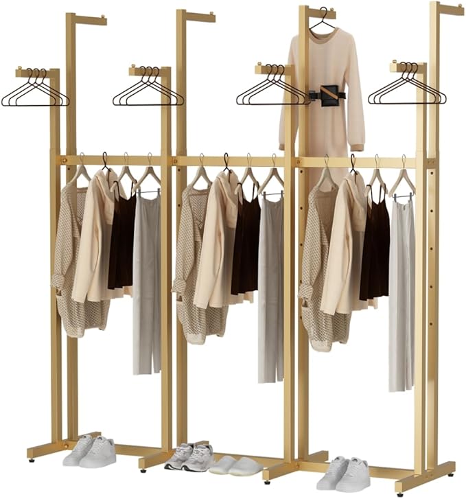 Gold Clothing Racks, Metal Clothes Rack with 8 Straight Arms, Freestanding Garment Rack for Hanging Clothes Heavy Duty, 46" to 63" Adjustable Height Retail Clothing Rack for Boutiques Display