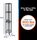 Shelving Inc. 8" d x 12" w x 72" h Black Wire Shelving with 4 Tier Shelves, Weight Capacity 300lbs Per Shelf