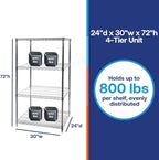 Shelving Inc. 24"d x 30"w x 72"h Chrome Wire Shelving with 4 Tier Shelves, Weight Capacity 800lbs Per Shelf