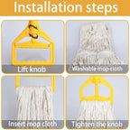 Wet String Mop for Floor Cleaning, Heavy Duty Mop with 2 Reusable Heads, Long Handle Industrial Cotton Mop for Restaurant Home Garage Office Patio Warehouse (Yellow)