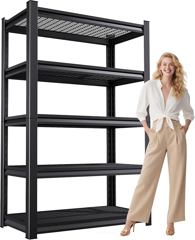 81”H*46”W Garage Shelving Heavy Duty Storage Shelves, 5-Tier Metal Adjustable Shelving Unit, 3000LBS Utility Garage Organizer Shelf Rack for Pantry, Kitchen, Warehouse, Black