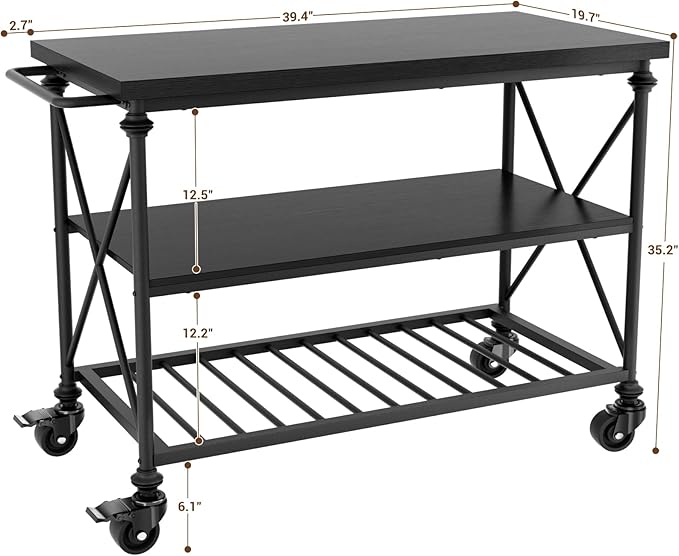 Homieasy Kitchen Island Cart with Wheels, 3-Tier Wood and Metal Rolling Kitchen Island Table with Pipe Legs, Storage Shelves & Lockable Casters for Kitchen Dining Room, Black