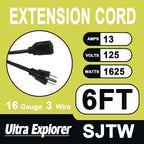 6 Ft Indoor Outdoor Black Extension Cord, 16/3 SJTW Heavy Duty Water-Resistant, 3 Prong Grounded Plug Power Cord for Home Appliance, Lights and Lawn, 13A 1625W, UL Listed