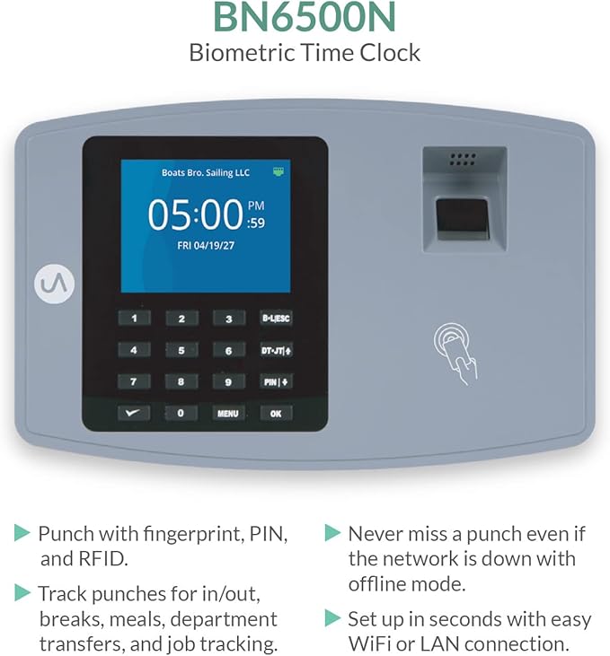 uAttend BN6500 Biometric Fingerprint Time Clock System for Small Business with WiFi and Cloud-Based Employee Timecards