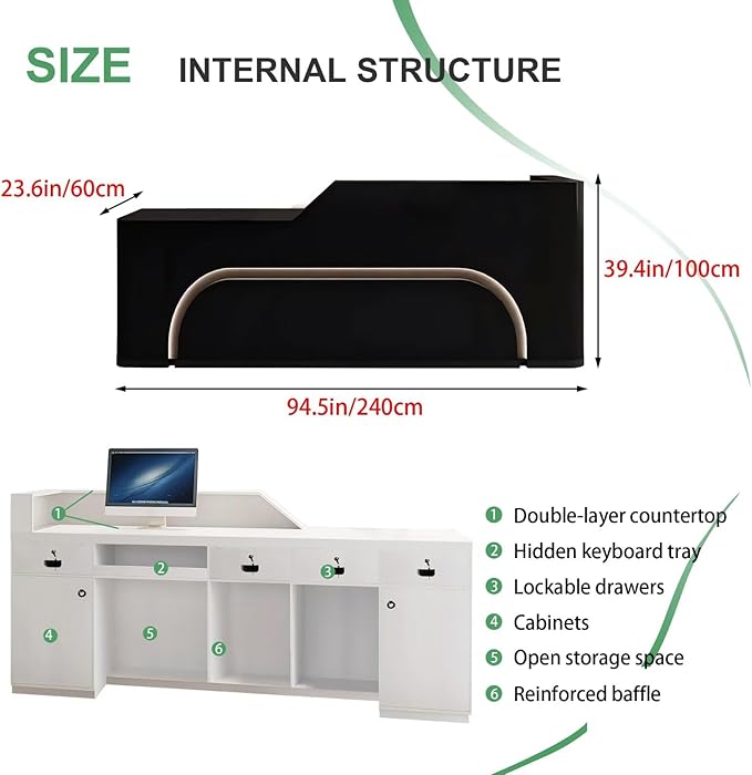 Modern Reception Desk with Counter Front Reception Table with Hidden LED Lighting Commercial Receptionist Desk Black Checkout Counter Fully Assembled and Ready to Use 94inch