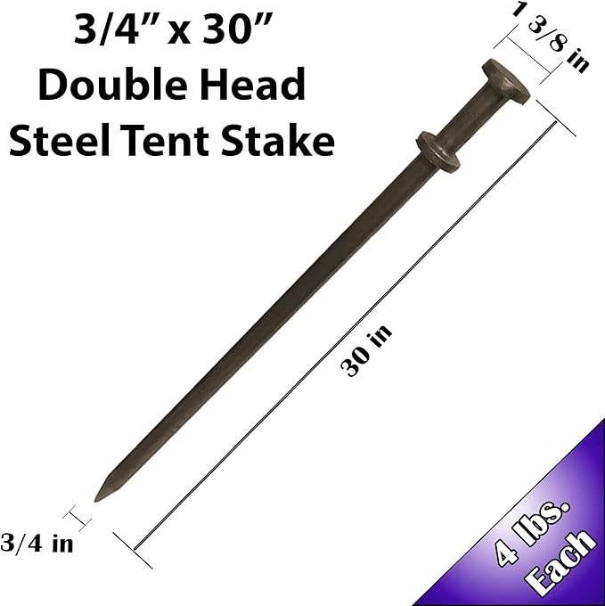 Double Head Tent Stakes - Heavy Duty Steel Tent Stakes, Versatile Ground Spikes to Anchor Commercial Inflatables, Party Tents, and Outdoor Camping Shelters, 3/4 x 30 Inch, 50-Pack