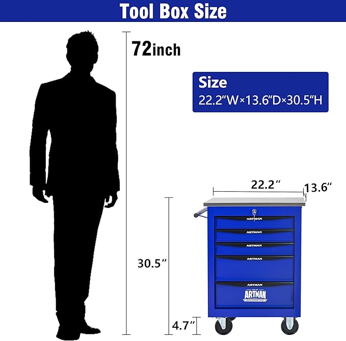 5 Drawers Tool Cart on Wheels with Stainless Steel Worktop, Heavy Duty Mobile Rolling Drawer Tool Chest with Locking Wheels & Lockable Drawers, Garage Tool Storage Cabinet (Blue, 5 Drawers)