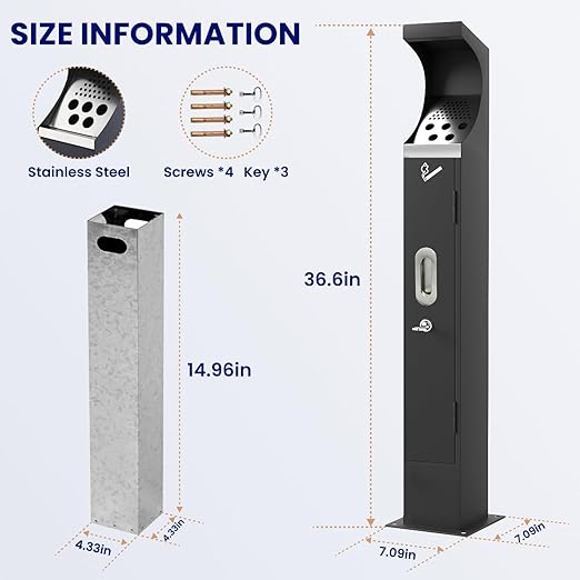Commercial Standing Trash Can, Outdoor Trash Bin with Lock & Removable Inner Bucket Outside Receptacle Stainless Steel Garbage Can Container for Hotels Restaurants Bars Office Park Street