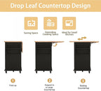 67’’ Movable Kitchen Island with Drop Leaf and Power Outlet, Lockable Sliding Countertop Rolling Island Cart with 2 Large Drawers, Spice, Towel Rack,Black