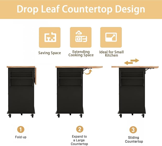 67’’ Movable Kitchen Island with Drop Leaf and Power Outlet, Lockable Sliding Countertop Rolling Island Cart with 2 Large Drawers, Spice, Towel Rack,Black