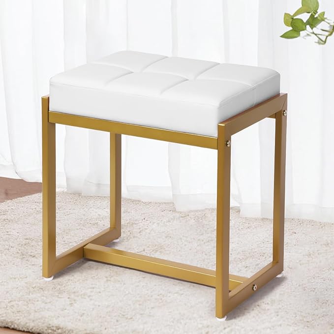 Vanity Stool, Vanity Chair Stools for Makeup Room, Faux Leather Small Makeup Bench, Modern Gold Metal Legs Ottoman Foot Rest for Bedroom Living Room, White & Gold
