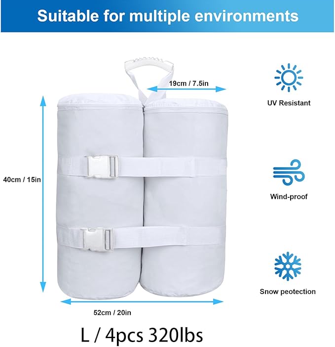 Extra Large 320 lbs White Sandbags Weight Bags for Pop up Canopy Tent, 1680D Heavy Duty Leg Weights Sand Bags Perfectly Matched with White Canopy/Gazebo/Patio Umbrellas, Set of 4